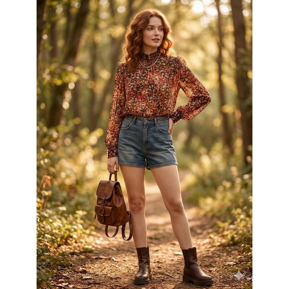 H&M Tops - H&M Women Floral Blouse L Orange Black Cottagecore Mock Neck‎ Balloon Sleeve